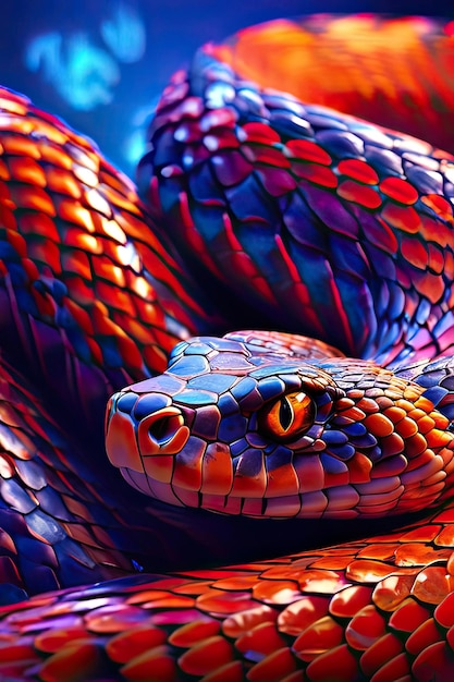 Rendering 3D di serpente rosso e blu su uno sfondo scuro