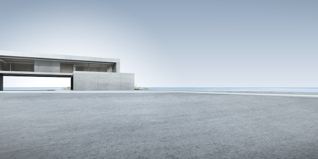 Rendering 3D di sfondo architettonico con pavimento in cemento, pubblicità per auto.