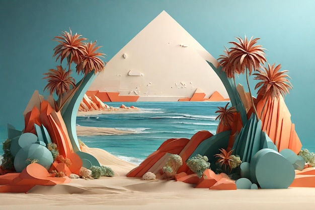 Rendering 3D di sfondo astratto con palme, mare e arco