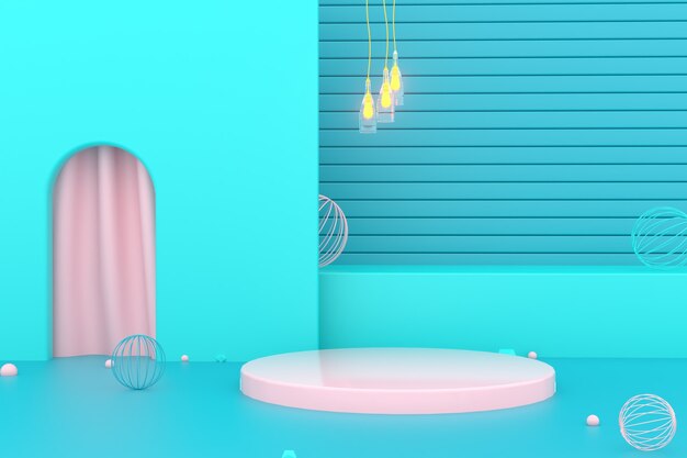Rendering 3D di sfondo blu astratto geometrico con podio circolare per mock up display