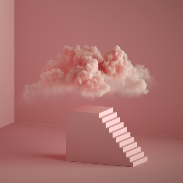 Rendering 3D di sfondo fantasia rosa astratta. Cloud fluttuante sopra il piedistallo con scale, podio cubico. Metafora del sogno