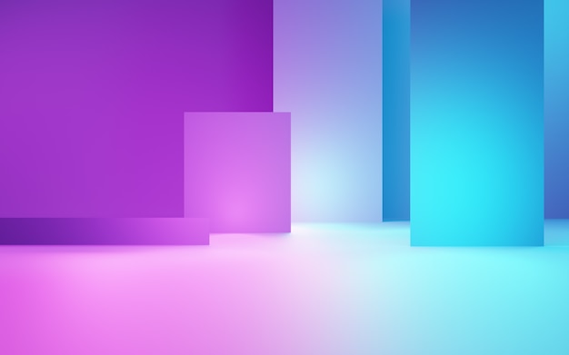Rendering 3D di sfondo geometrico astratto viola e blu. Concetto cyberpunk