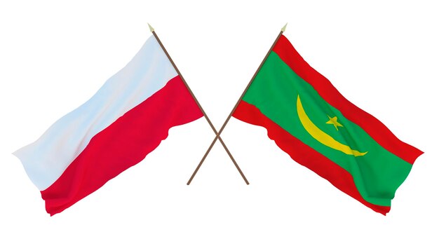 Rendering 3D di sfondo per disegnatori illustratori Bandiere del giorno dell'indipendenza nazionale Polonia e Mauritania