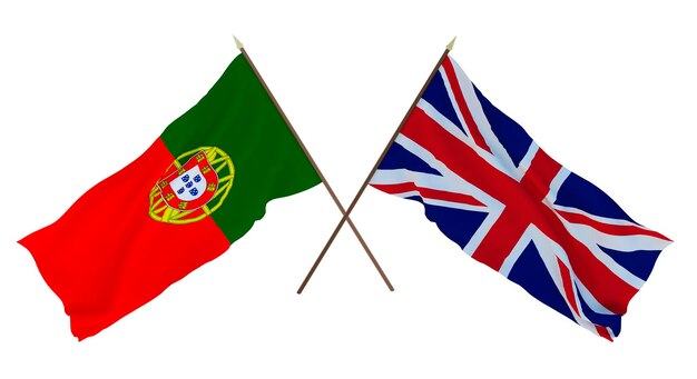 Rendering 3D di sfondo per disegnatori illustratori Bandiere del giorno dell'indipendenza nazionale Portogallo e Gran Bretagna