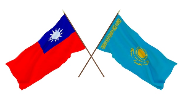 Rendering 3D di sfondo per disegnatori illustratori Bandiere del giorno dell'indipendenza nazionale Taiwan e Kazakistan