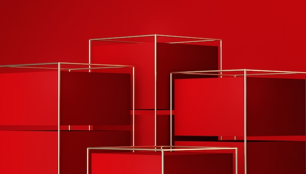 Rendering 3D di sfondo rosso geometrico della fase con il podio per la visualizzazione del prodotto