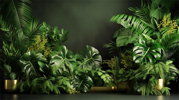 Rendering 3d di sfondo verde con piante tropicali Concetto naturale
