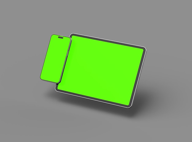 Rendering 3D di smartphone e tablet con uno schermo verde su uno sfondo scuro