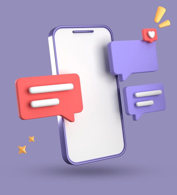 Rendering 3D di spartphone e bolla vocale chat 3D pastel con set di icone di simboli