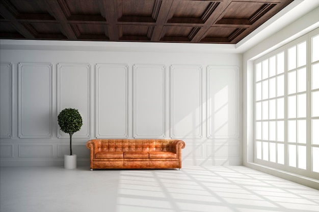 Rendering 3d di splendidi interni con pareti bianche e soffitto in legno