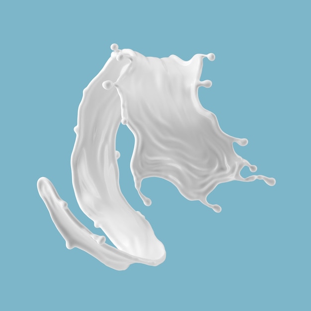 Rendering 3D di spruzzi di latte isolati su sfondo blu Spruzzi di vernice bianca Liquid wave clip art