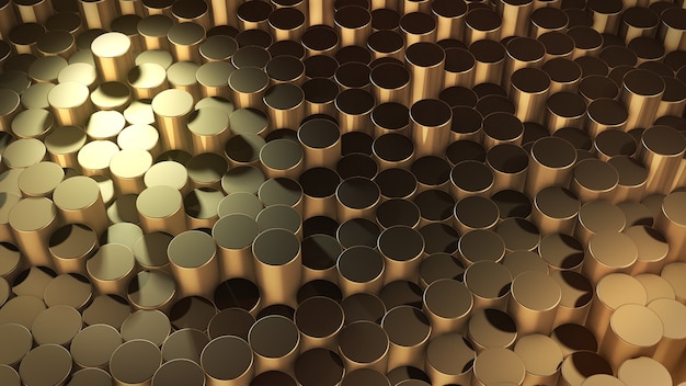 Rendering 3D di superfici dorate geometriche cilindriche astratte nello spazio virtuale