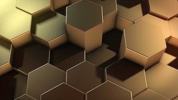 Rendering 3D di superfici dorate geometriche esagonali astratte nello spazio virtuale