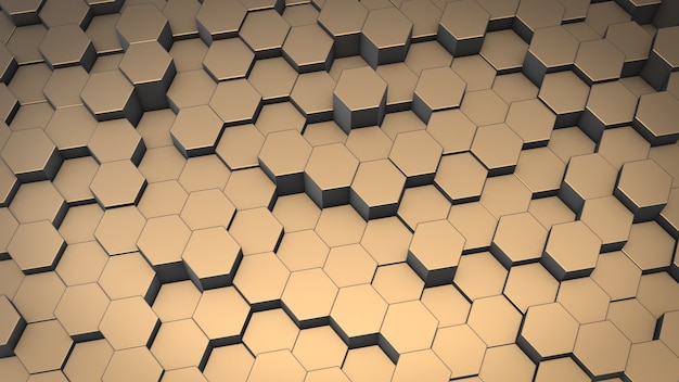 Rendering 3D di superfici geometriche esagonali astratte nello spazio virtuale