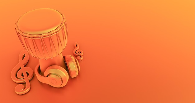 Rendering 3D di tamburi di legno con cuffie e note musicali isolate su sfondo colorato
