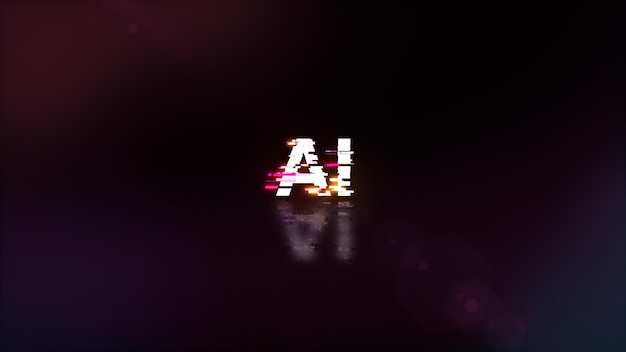 Rendering 3D di testo AI con effetti di schermo di glitch tecnologici