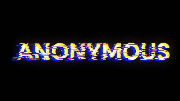 Rendering 3D di testo anonimo con effetti di schermo di glitch tecnologici