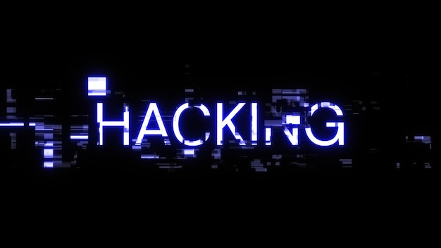 Rendering 3D di testo di hacking con effetti di schermo di glitch tecnologici