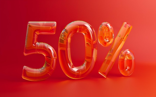 Rendering 3D di testo in vetro trasparente 50% su sfondo rosso vendite e sconti banner