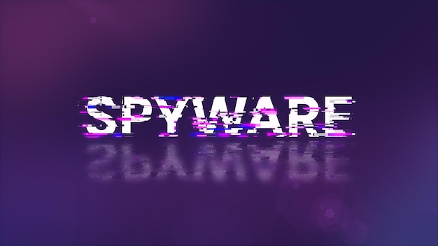 Rendering 3D di testo spyware con effetti di schermo di glitch tecnologici