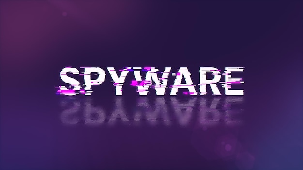 Rendering 3D di testo spyware con effetti di schermo di glitch tecnologici