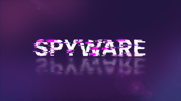 Rendering 3D di testo spyware con effetti di schermo di glitch tecnologici