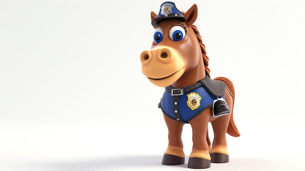 Rendering 3D di un adorabile cavallo dei cartoni animati che indossa un cappello e un distintivo dell'uniforme della polizia Il cavallo sorride e sembra amichevole