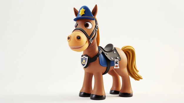 Rendering 3D di un adorabile cavallo dei cartoni animati che indossa un cappello e un distintivo della polizia Il cavallo sorride e sembra amichevole