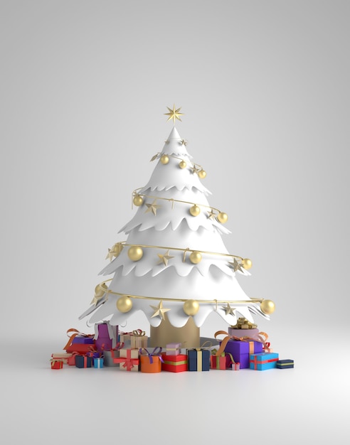 Rendering 3D di un albero di Natale bianco con doni