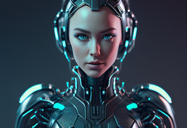 Rendering 3D di un'aliena femmina con trucco futuristico e acconciatura generativa ai