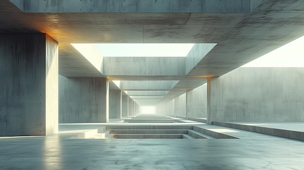 Rendering 3D di un'architettura futuristica in cemento con un parcheggio e un pavimento di cemento vuoto