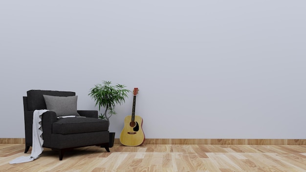 Rendering 3d di un'area relax con divano nero singolo e chitarra acustica