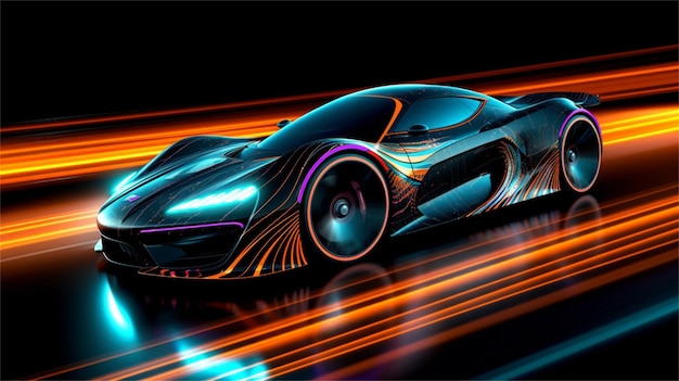 Rendering 3D di un'auto sportiva con effetto di luce al neon su uno sfondo nero