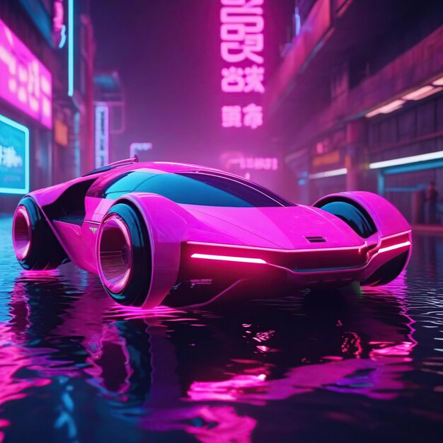 Rendering 3D di un'auto sportiva futuristica in luce al neon su uno sfondo scuro