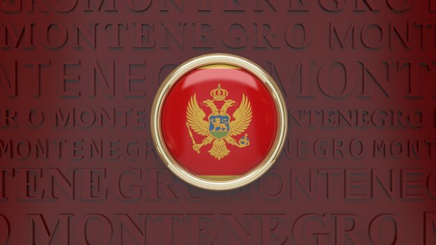 Rendering 3D di un badge con la bandiera del Montenegro su sfondo rosso scuro.