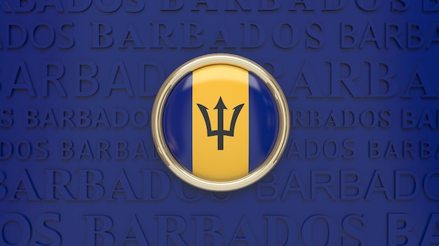 Rendering 3D di un badge con la bandiera delle Barbados su sfondo blu.