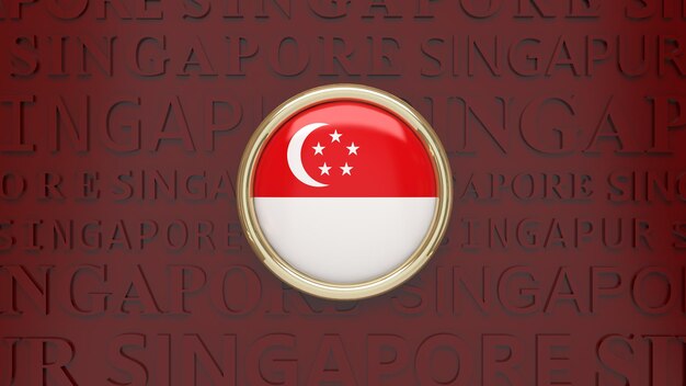 Rendering 3D di un badge con la bandiera di Singapore su sfondo rosso scuro.