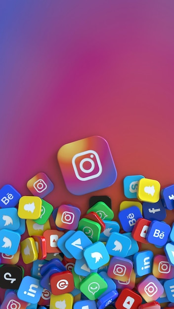 Rendering 3D di un badge Instagram circondato dai badge dei più importanti social network. Inquadratura verticale.