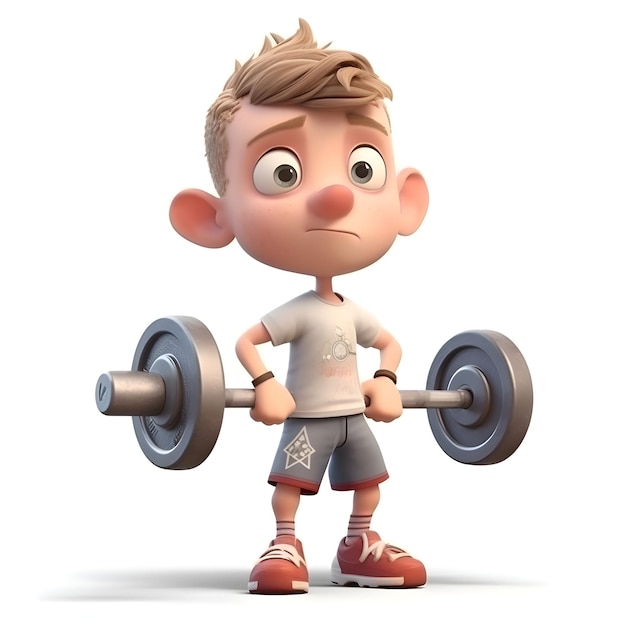 Rendering 3D di un bambino carino con un barbell