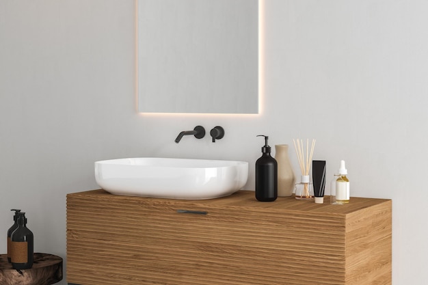 Rendering 3D di un bancone da toeletta in legno con lavabo in ceramica bianca e rubinetto in stile moderno in un bagno con luce solare mattutina e ombra Spazio vuoto per prodotti display mockup Rendering 3D