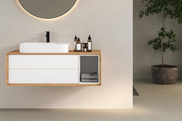 Rendering 3D di un bancone da toeletta in legno con lavabo in ceramica bianca e rubinetto in stile moderno in un bagno