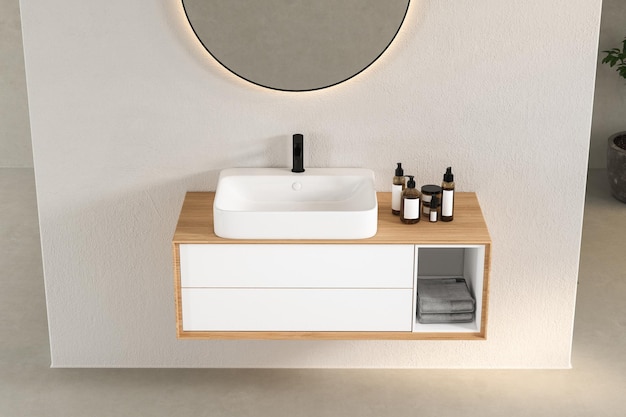 Rendering 3D di un bancone da toeletta in legno con lavabo in ceramica bianca e rubinetto in stile moderno in un bagno