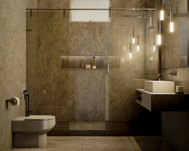 Rendering 3D di un bellissimo bagno moderno ed elegante con doccia all'interno di una casa con vista frontale