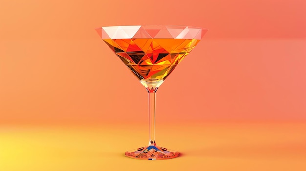 Rendering 3D di un bicchiere da martini con una superficie sfaccettata su uno sfondo arancione pastello