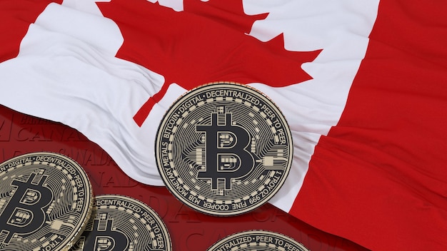 Rendering 3D di un bitcoin metallico su una bandiera canadese