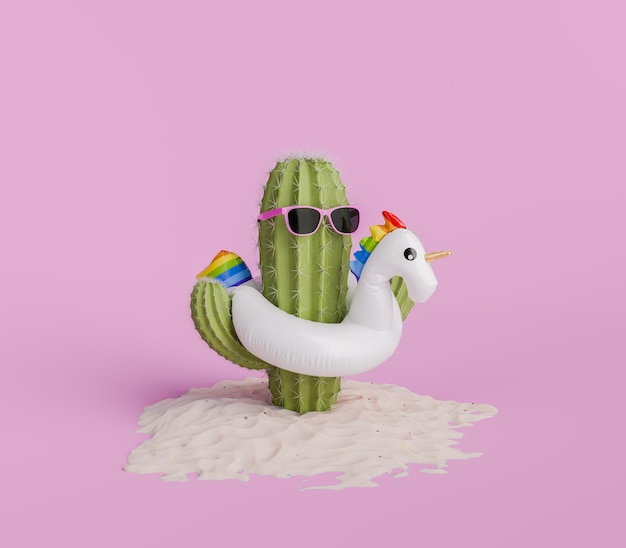 Rendering 3D di un cactus con occhiali da sole e un unicorno galleggiante su un concetto di divertimento estivo di sfondo rosa isolato