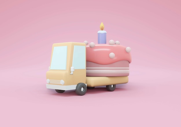 Rendering 3D di un camion con una grande torta in tema pastello del servizio di consegna della torta del giorno di nascita