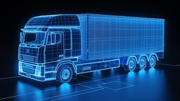 Rendering 3D di un camion su uno sfondo scuro con luci blu