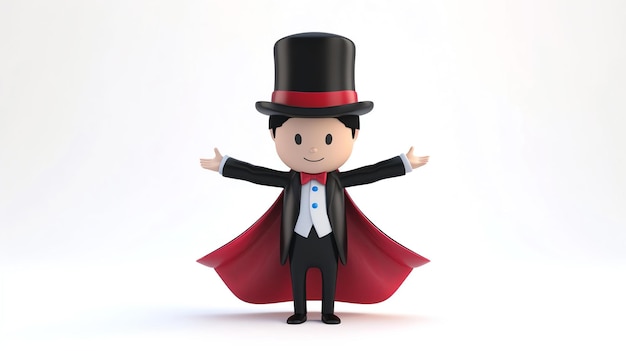Rendering 3D di un carino mago che indossa un abito nero e un mantello rosso che esegue magia con un sorriso sul viso