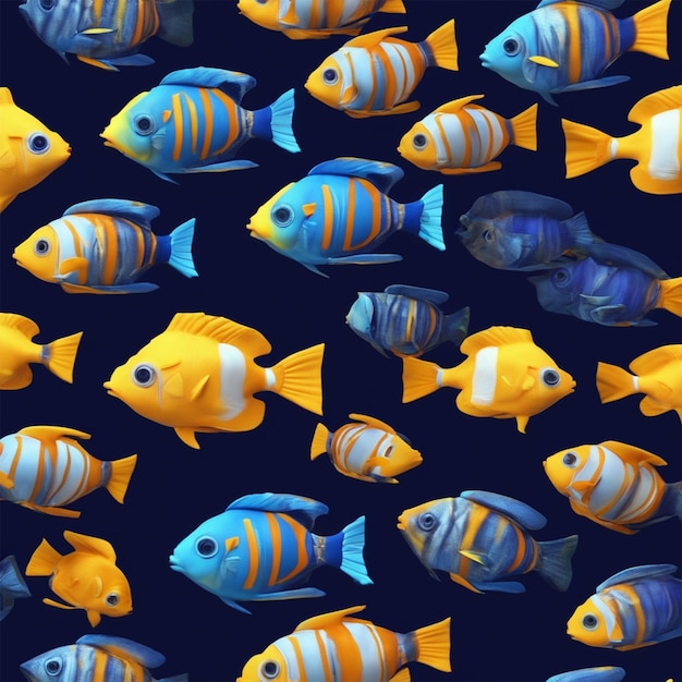 Rendering 3D di un carino pesce tropicale in un acquario su uno sfondo blu scuro Arte digitale